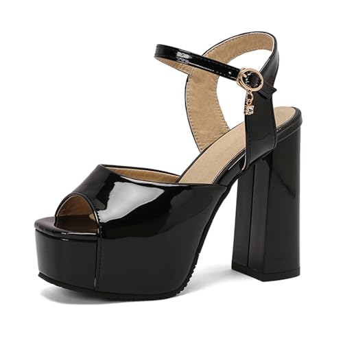 Damen Chunky Sandals Peep Toe Höhe Ferse Abendschuhe Schnalle Mode Sandals mit Plateau Knöchelriemchen, E17404Zo Schwarz Gr 35 EU von Bviennic