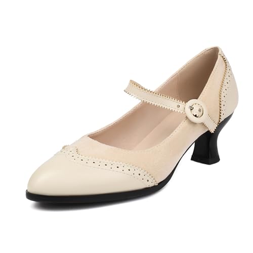 Damen Louis- XV Absatz Mary Jane Almond Toe Mitte Absatz Schuhe Schnalle Elegant Daily Schuhe D81299Ze Beige Gr 46 EU/48Cn von Bviennic