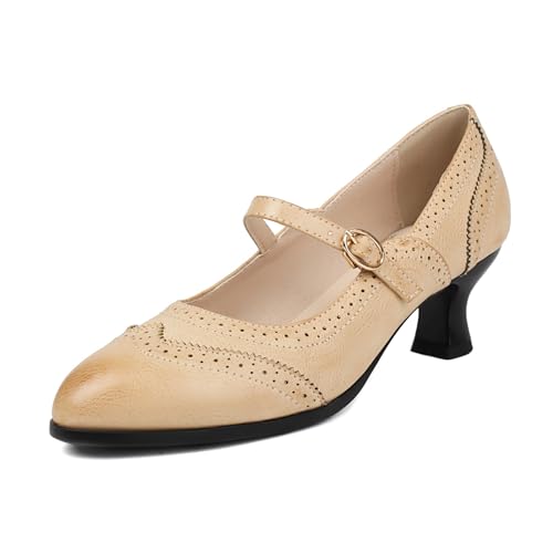 Damen Louis- XV Absatz Mary Jane Almond Toe Mitte Absatz Schuhe Schnalle Elegant Daily Schuhe K81936Yh Beige Gr 41 EU/43Cn von Bviennic