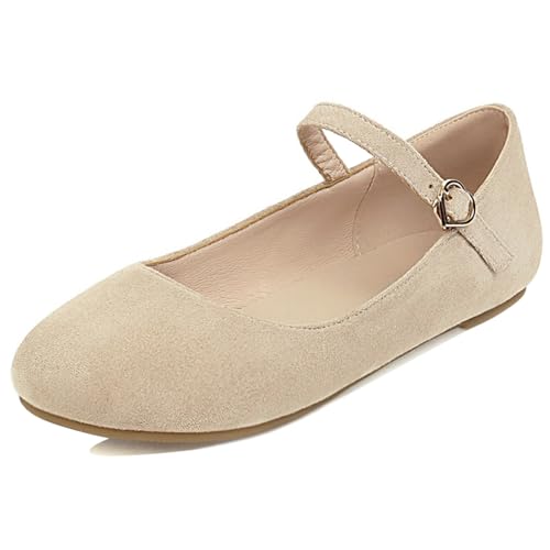 Damen No Heel Mary Jane Runde Zehen Höhe Ferse Schuhe Schnalle Komfort Daily Schuhe W45796Kj Beige Gr 35 EU von Bviennic