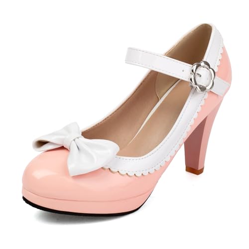 Damen Plateau Heel Mary Jane Almond Toe Höhe Ferse Schuhe Schnalle mit Plateau Bogen Süß Dancing Schuhe A68429Jv Pink Gr 48 EU/50Cn von Bviennic