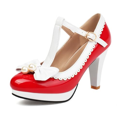 Damen Plateau Heel Mary Jane Almond Toe Höhe Ferse Schuhe Schnalle mit Plateau T-Spange Bogen Elegant Abendschuhe D69885Fj Rot Gr 34 EU von Bviennic