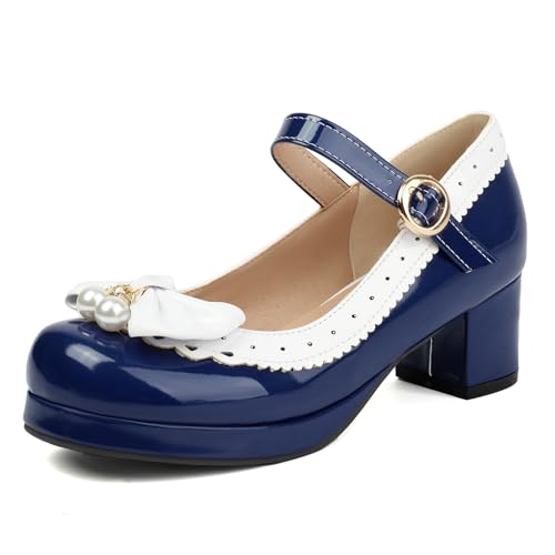 Damen Plateau Heel Mary Jane Runde Zehen Mitte Absatz Schuhe Schnalle mit Plateau Bogen Süß Abendschuhe A59901Lo Blau Gr 40 EU/41Cn von Bviennic