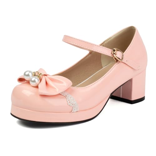 Damen Plateau Heel Mary Jane Runde Zehen Mitte Absatz Schuhe Schnalle mit Plateau Bogen Süß Abendschuhe E58289Fk Pink Gr 43 EU/45Cn von Bviennic