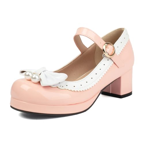 Damen Plateau Heel Mary Jane Runde Zehen Mitte Absatz Schuhe Schnalle mit Plateau Bogen Süß Abendschuhe H59407Qr Pink Gr 35 EU von Bviennic