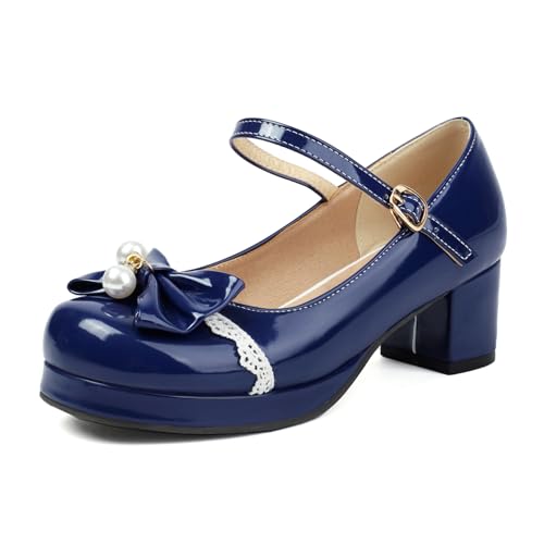 Damen Plateau Heel Mary Jane Runde Zehen Mitte Absatz Schuhe Schnalle mit Plateau Bogen Süß Abendschuhe P58679Sx Blau Gr 41 EU/43Cn von Bviennic