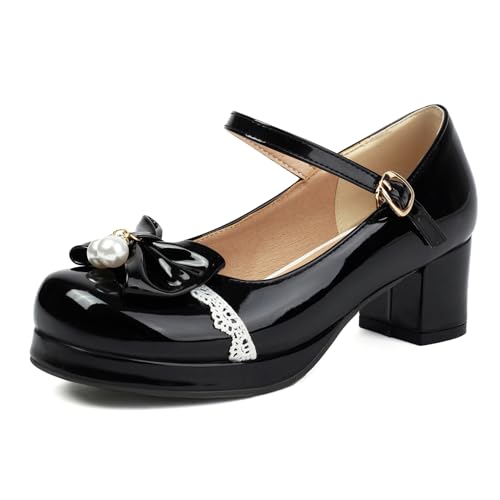 Damen Plateau Heel Mary Jane Runde Zehen Mitte Absatz Schuhe Schnalle mit Plateau Bogen Süß Abendschuhe T58783Sg Schwarz Gr 35 EU von Bviennic