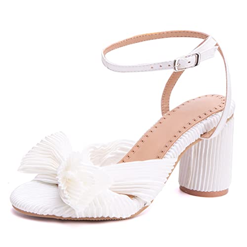 Damen-Sandalen mit Blockabsatz Offene Zeh Höhe Ferse Dancing Schuhe Schnalle Mode Sandals Knöchelriemchen Bogen, X8005Sg Shine-Silber Gr 48.5 EU/51Cn von Bviennic