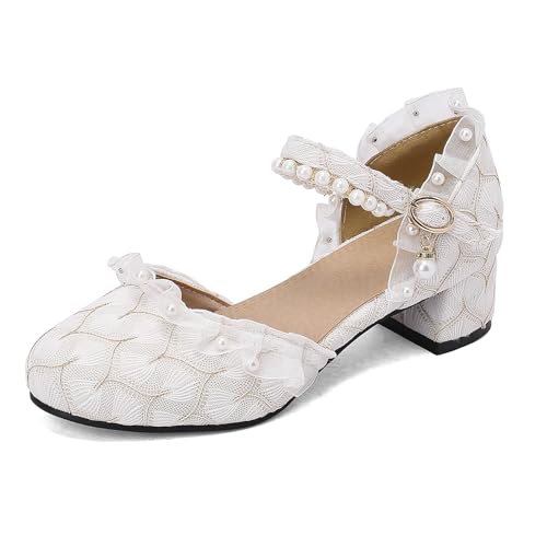 Damen-Sandalen mit Blockabsatz Runde Zehen Mitte Absatz Mary Jane Schnalle Süß Dancing Sandals Knöchelriemchen Beaded, H36670Vv Beige Gr 45 EU/47Cn von Bviennic