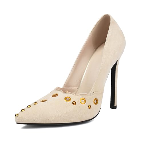 Damen Stiletto Pumps Pointed Toe Höhe Ferse Schuhe Ohne Verschluss Studded Süß Dancing Schuhe H80233Sz Beige Gr 40 EU/41Cn von Bviennic