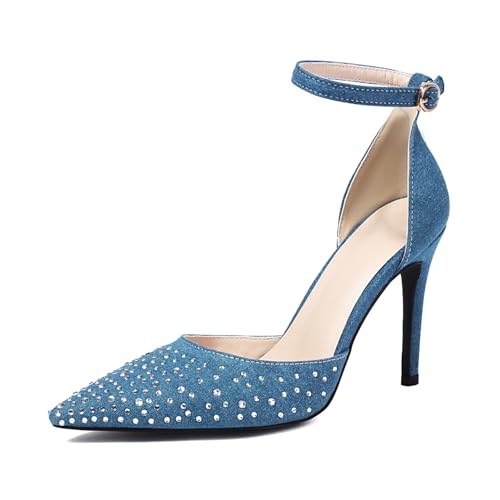 Damen Stiletto Pumps Pointed Toe Höhe Ferse Schuhe Schnalle Knöchelriemchen Glitzersteine Mode Abendschuhe G82183Fq Blau Gr 40 EU/41Cn von Bviennic