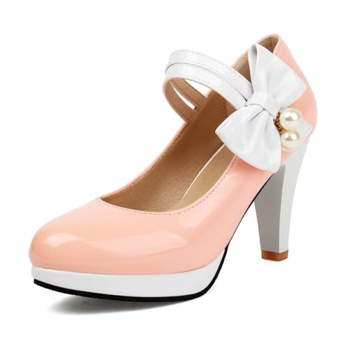 Damen Trichterabsatz Mary Jane Almond Toe Höhe Ferse Schuhe Klettverschluss mit Plateau Bogen Süß Daily Schuhe A72017St Pink Gr 39 EU/40Cn von Bviennic