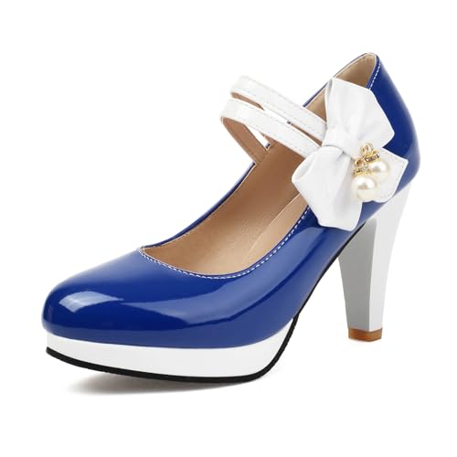 Damen Trichterabsatz Mary Jane Almond Toe Höhe Ferse Schuhe Klettverschluss mit Plateau Bogen Süß Daily Schuhe C72550Ua Dark-Blau Gr 45 EU/47Cn von Bviennic