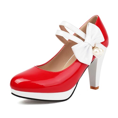 Damen Trichterabsatz Mary Jane Almond Toe Höhe Ferse Schuhe Klettverschluss mit Plateau Bogen Süß Daily Schuhe D71471Ec Rot Gr 33 EU/32Cn von Bviennic