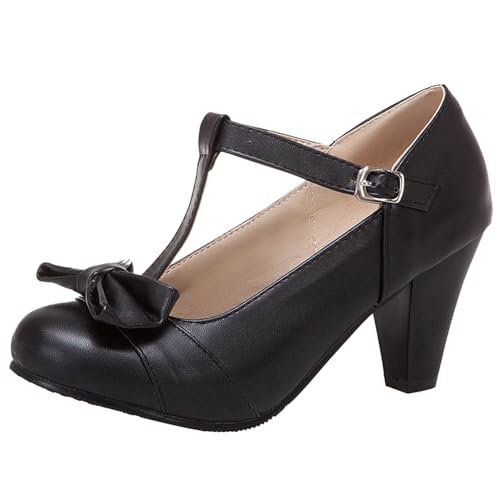 Damen Trichterabsatz Mary Jane Runde Zehen Höhe Ferse Schuhe Schnalle T-Spange Bogen Süß Dancing Schuhe L49410Gb Schwarz Gr 43 EU/45Cn von Bviennic