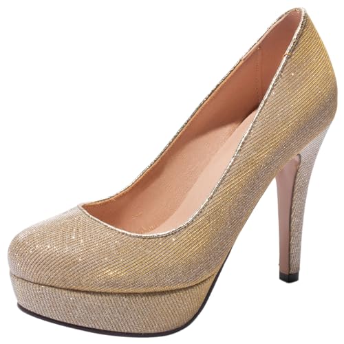 Pumps mit Damen Kegel Ferse Runde Zehen Höhe Ferse Schuhe Ohne Verschluss Glitzer Simple Abendschuhe O55975Kd Golden Gr 38 EU/39Cn von Bviennic