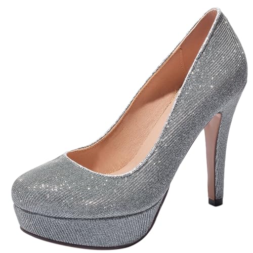 Pumps mit Damen Kegel Ferse Runde Zehen Höhe Ferse Schuhe Ohne Verschluss Glitzer Simple Abendschuhe W55754Kp Silber Gr 34 EU von Bviennic