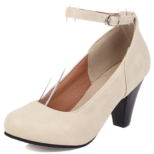 Pumps mit Damen Kegel Ferse Runde Zehen Höhe Ferse Schuhe Schnalle Knöchelriemchen Simple Abendschuhe C50216Ye Beige Gr 41 EU/43Cn von Bviennic