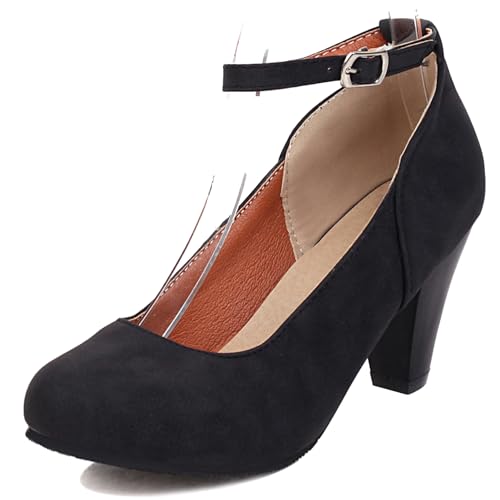 Pumps mit Damen Kegel Ferse Runde Zehen Höhe Ferse Schuhe Schnalle Knöchelriemchen Simple Abendschuhe O49995Vz Schwarz Gr 40.5 EU/42Cn von Bviennic