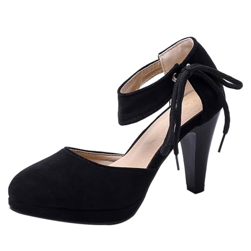 Pumps mit Damen Kegel Ferse Square Toe Höhe Ferse Schuhe Schnüren mit Plateau Bow Mode Dancing Schuhe A26972Qx Schwarz Gr 36.5 EU/37Cn von Bviennic