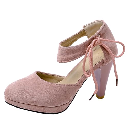 Pumps mit Damen Kegel Ferse Square Toe Höhe Ferse Schuhe Schnüren mit Plateau Bow Mode Dancing Schuhe Q26738Fj Pink Gr 36 EU von Bviennic