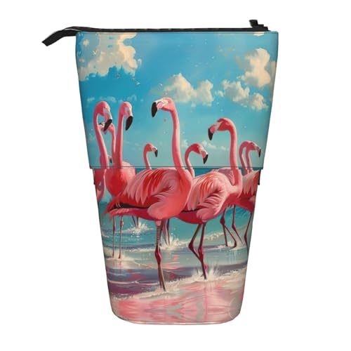 Bxzpzplj Handgezeichnete Teekannen und Tassen, bedruckt, Bleistift-Teleskopetui, Schreibwaren, Make-up, Aufbewahrungstasche für Teenager, Schulbedarf, Flock of Pink Flamingos on the Beach, von Bxzpzplj