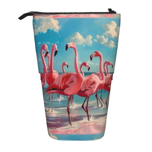 Bxzpzplj Handgezeichnete Teekannen und Tassen, bedruckt, Teleskop-Federmäppchen, multifunktional, Schreibwaren, Kosmetik, Aufbewahrungstasche, Schulbedarf, Flock of Pink Flamingos on the Beach, von Bxzpzplj