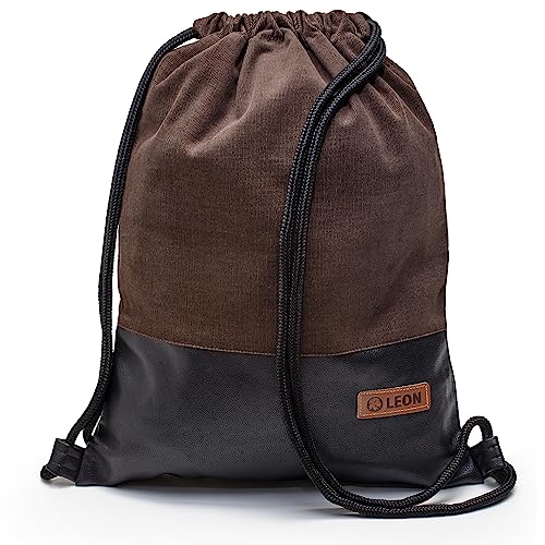 By Bers LEON Turnbeutel mit Innentaschen Reißverschluss Rucksack Beutel Tasche Damen Männer & Teenager Gymbag Gymsack (TB_dklBraunKordPUschwarz) von By Bers