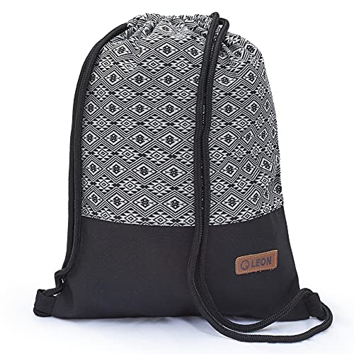 By Bers LEON Turnbeutel mit Innentaschen Reißverschluss Rucksack Beutel Tasche Damen Männer Gym Bag Draw String (Boho 001Schwarz) von By Bers