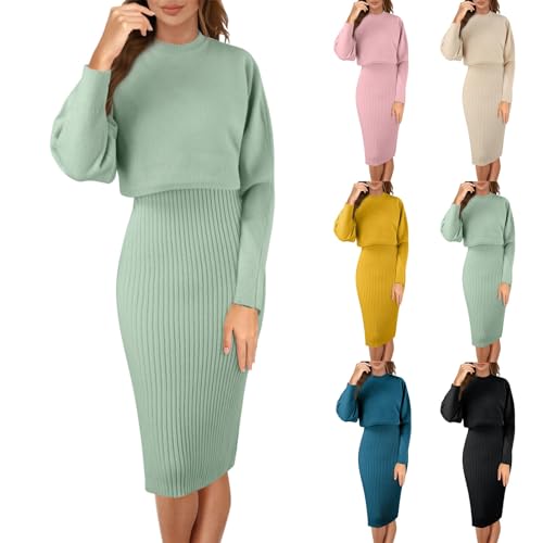 Damen Herbst Winter Strickkleid Zweiteiliger Anzug Langarm Pullover Oberteil und Kleid Bodycon 2 Stück Set Sweater Midikleid Pullikleid Gestrickt Kleid Set Strickpulli Midi Kleid Strickkleider von C'est TT