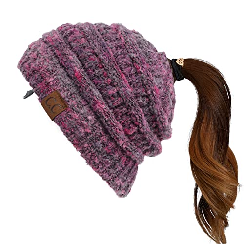 C.C Exclusives Soft Stretch Zopfmuster Unordentlicher Dutt Pferdeschwanz Beanie Wintermütze für Frauen (MB-20A) (CCB-1), Con-Violet Multi, Einheitsgröße von C.C