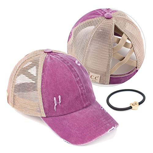 C.C Kinder Criss-Cross Elastic Band Pferdeschwanz Caps Messy Buns Trucker Plain Baseball Cap (BT-6-KIDS) (KIDS-BT-780) (KIDS-BT-783), Ein gekreuztes Gummiband, traube/beige von C.C