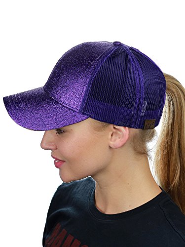 C.C Ponycap Messy High Bun Pferdeschwanz Verstellbare Glitter Mesh Trucker Baseball Cap, Violett, Einheitsgröße von C.C