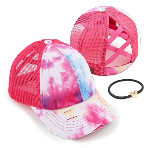 C.C Ponycap Messy High Bun Pferdeschwanz Verstellbare Glitzer Mesh Trucker Baseball Cap, Ein elastisches Band in knalligem Pink mit Netzstoff, Einheitsgröße von C.C