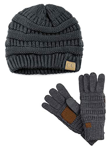 C.C Unisex Soft Stretch Zopfstrickmütze und rutschfeste Touchscreen-Handschuhe 2-teiliges Set, Dunkelgrau, Einheitsgröße von C.C