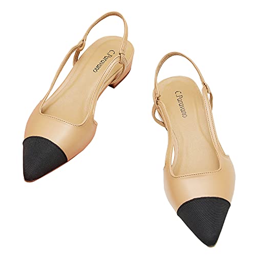 C.Paravano Slingback Flach Pumps I Slingback Pumps I Damen Slingback I Slingback Schwarz Damen I Pumps Damen I Slingback Pumps Damen I Flache Schuhe Knöchel Strap Sandalen (Größe 38, Beige) von C.Paravano