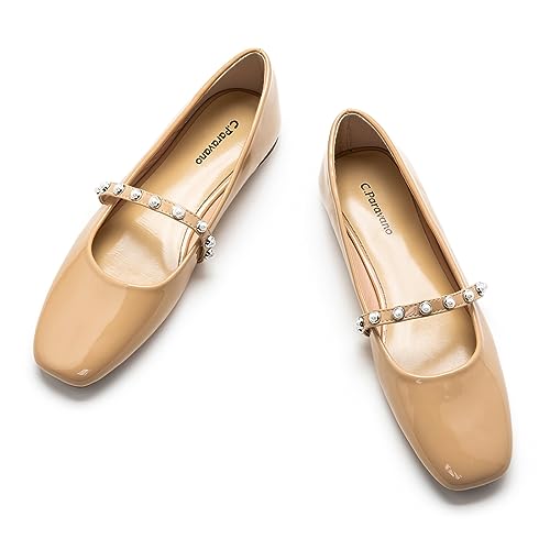 C.Paravano Mary Jane Damen Flats | Schuhe Damen | Damen Ballerinas | Damens Elegant Quadratische Flachs(40,Beige) von C.Paravano