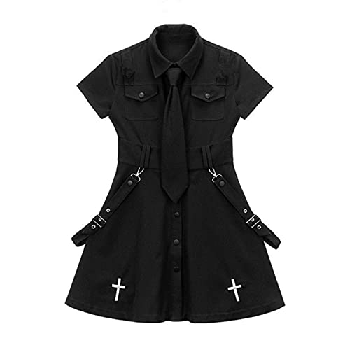 CABULE Goth Black Techwear Cargo Minikleid Damen Japanisches Lolita Y2k Hohe Taille Emo Kleider Harajuku Weibliches Egirl 2023-Schwarz, XL von CABULE