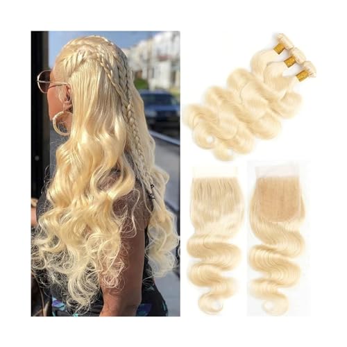 Haarverlängerungen 613 Blonde Bundles mit Spitze Frontal Körperwelle Brasilianische Menschliche Haarwebart Welle Lockiges Remy Haar Bundles mit Verschluss for Schwarze Frauen Echthaarbündel (Size : 1 von CALQYSH