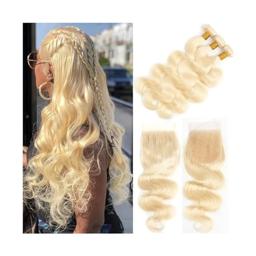 Haarverlängerungen 613 Blonde Bundles mit Spitze Frontal Körperwelle Brasilianische Menschliche Haarwebart Welle Lockiges Remy Haar Bundles mit Verschluss for Schwarze Frauen Echthaarbündel (Size : 4 von CALQYSH