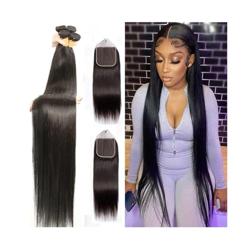 Haarverlängerungen Knochengerade Bundles mit Verschluss, Echthaar-Webart-Verlängerung, natürliche Farbe, gerade, brasilianisches Remy-Haar, Bundles mit Frontal for schwarze Frauen Echthaarbündel (Siz von CALQYSH