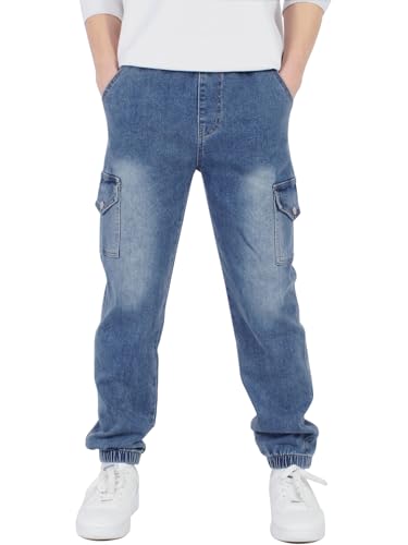 CAMLAKEE Cargohose Jungen Jogginghose Kinder Cargo Hosen Jungs Arbeitshose mit Elastischem Bund Denim DE: 140-146 (Herstellergröße 140) von CAMLAKEE