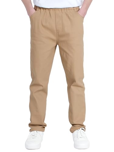 CAMLAKEE Jungen Chino Hose Kinder Jungs Straight Fit Chinohose mit Elastischem Bund L Khaki DE: 128-134 (Herstellergröße 130) von CAMLAKEE