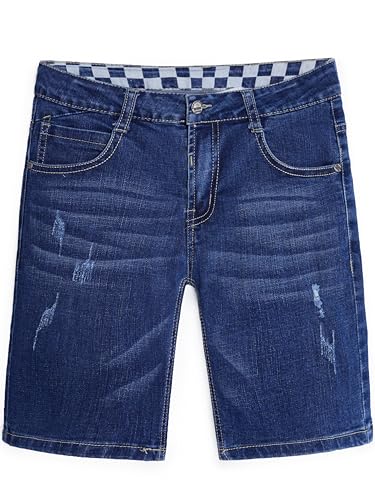 CAMLAKEE Jungen Jeansshorts Kinder Kurze Hosen Mädchen Jeans Bermuda Sommer Shorts mit Elastischer Bund Dunkelblau DE: 122-128 (Herstellergröße 130) von CAMLAKEE