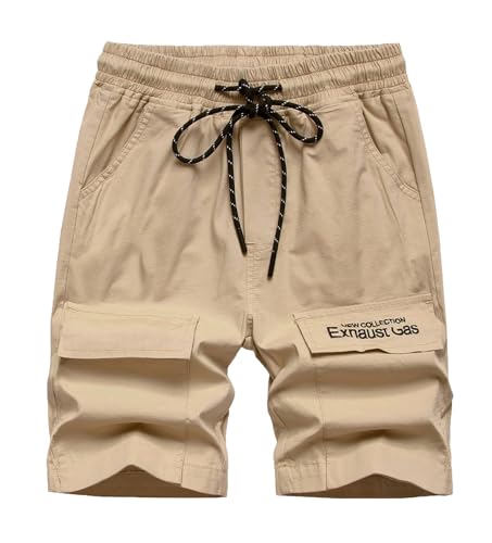 CAMLAKEE Kurze Hosen Jungen Cargoshorts Kinder Shorts Bermuda Sommershorts Jungs mit Elastische Taille Khaki DE: 122-128 (Herstellergröße 130) von CAMLAKEE