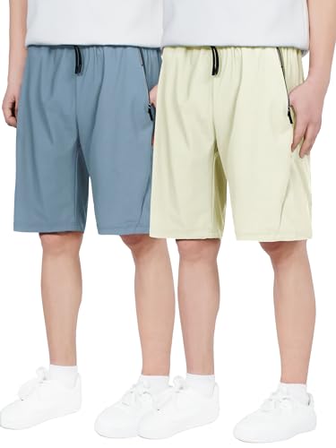 CAMLAKEE Kurze Hosen Jungen Sport Shorts Kinder 2er-Pack Sommerhose Schnelltrocknend Trainingsshort mit Reißverschlusstasche Beige GrauBlau DE: 158-164 (Herstellergröße 160) von CAMLAKEE