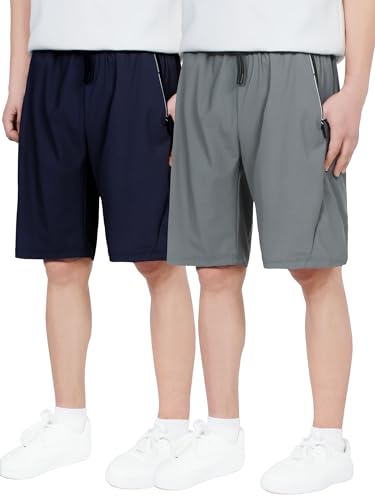 CAMLAKEE Kurze Hosen Jungen Sport Shorts Kinder 2er-Pack Sommerhose Schnelltrocknend Trainingsshort mit Reißverschlusstasche DGrau Navy DE: 134-140 (Herstellergröße 140) von CAMLAKEE