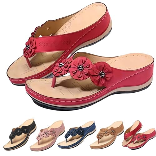 CAMPMINE Orthopädische Sandalen für Damen, Fußgewölbeunterstützung, Blumen, Clip-Toe, Sandalen, bequem, offener Zehenbereich, Keilsandalen, rot, 35 EU von CAMPMINE