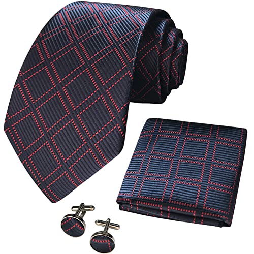 CANGRON Herren Krawatte Blau Rot Gitter Krawatte Einstecktuch Manschettenknöpfe Krawatten Set DLSG8LO von CANGRON