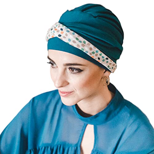 CAREBELL Smooth Pepitas Turban-Mütze aus Bambus für Chemotherapie oder Alopezie, Grün / Blau, One size von CAREBELL